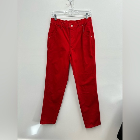 ⛔️SOLD⛔️Vintage 80’s Red High Rise Straight Leg Jeans Lattice Triangle Back Siz - Picture 4 of 9